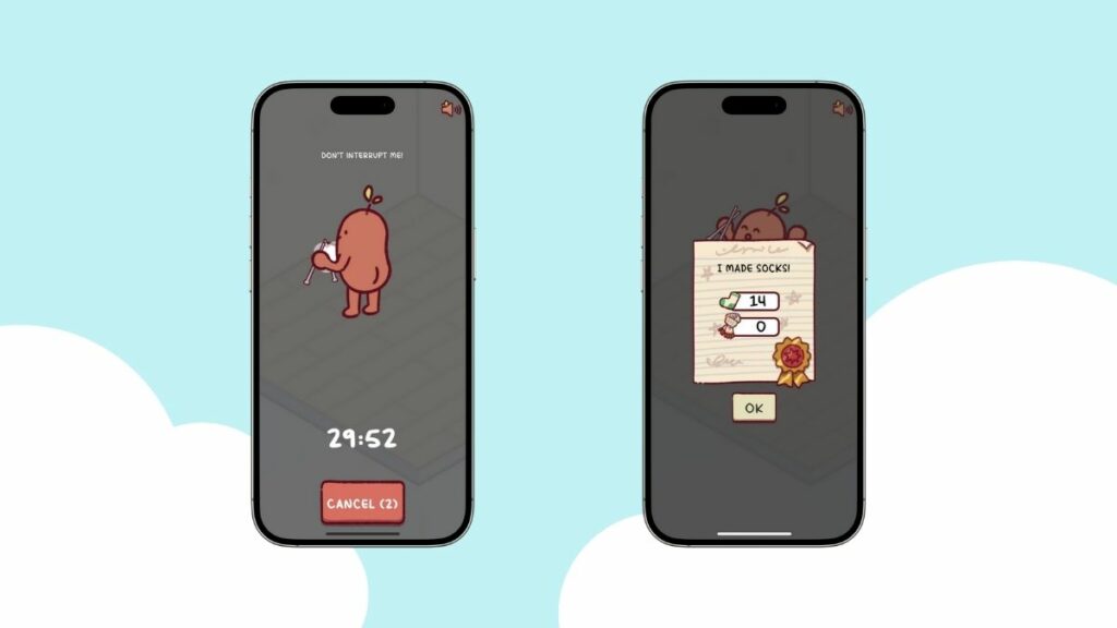 Deux écrans de l'application Focus Friend sur un fond de ciel.