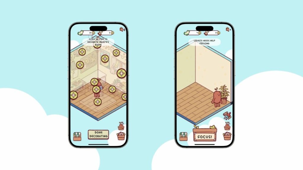 Deux écrans de l'application Focus Friend sur un fond de ciel bleu.